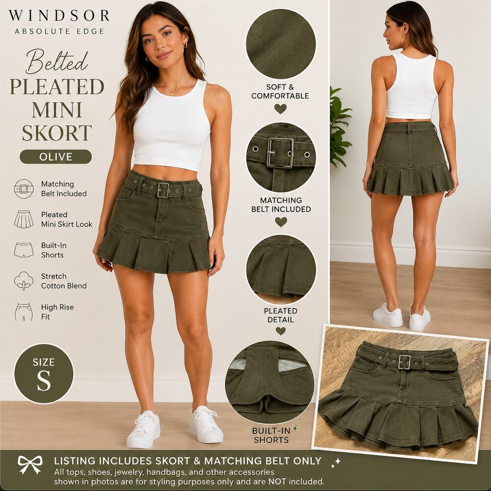 Windsor Absolute Edge Olive High Rise Belted Pleated Mini Skort Women's S